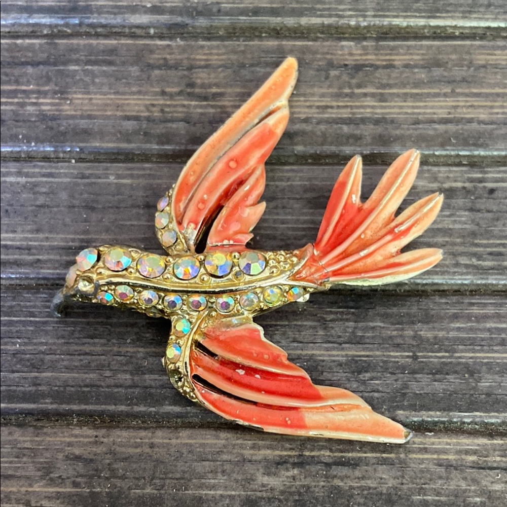 Vintage Elegant Gold and Orange Bird Brooch